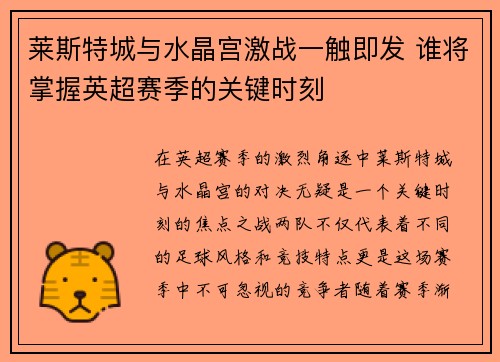 莱斯特城与水晶宫激战一触即发 谁将掌握英超赛季的关键时刻